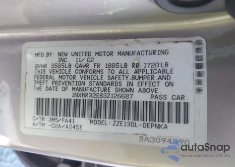 2003 Toyota Corolla Le z USA, uszkodzony, nr VIN 1NXBR32E83Z126687